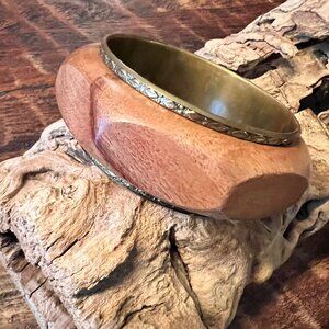 Vintage Chunky Wood And Brass Boho Bracelet